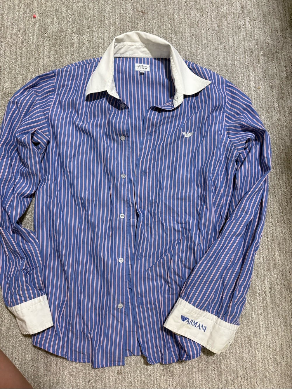 Armani Junior Blue and Pink Striped Dress Shirt with White Contrast Collar